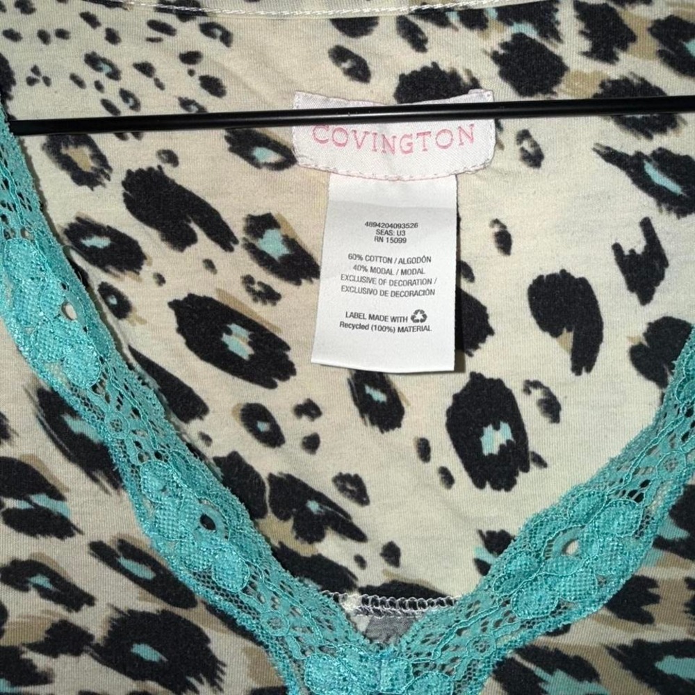 Leopard Print V-Neck Top with Turquoise Lace Accents‎ Cotton & Modal - Picture 3 of 4